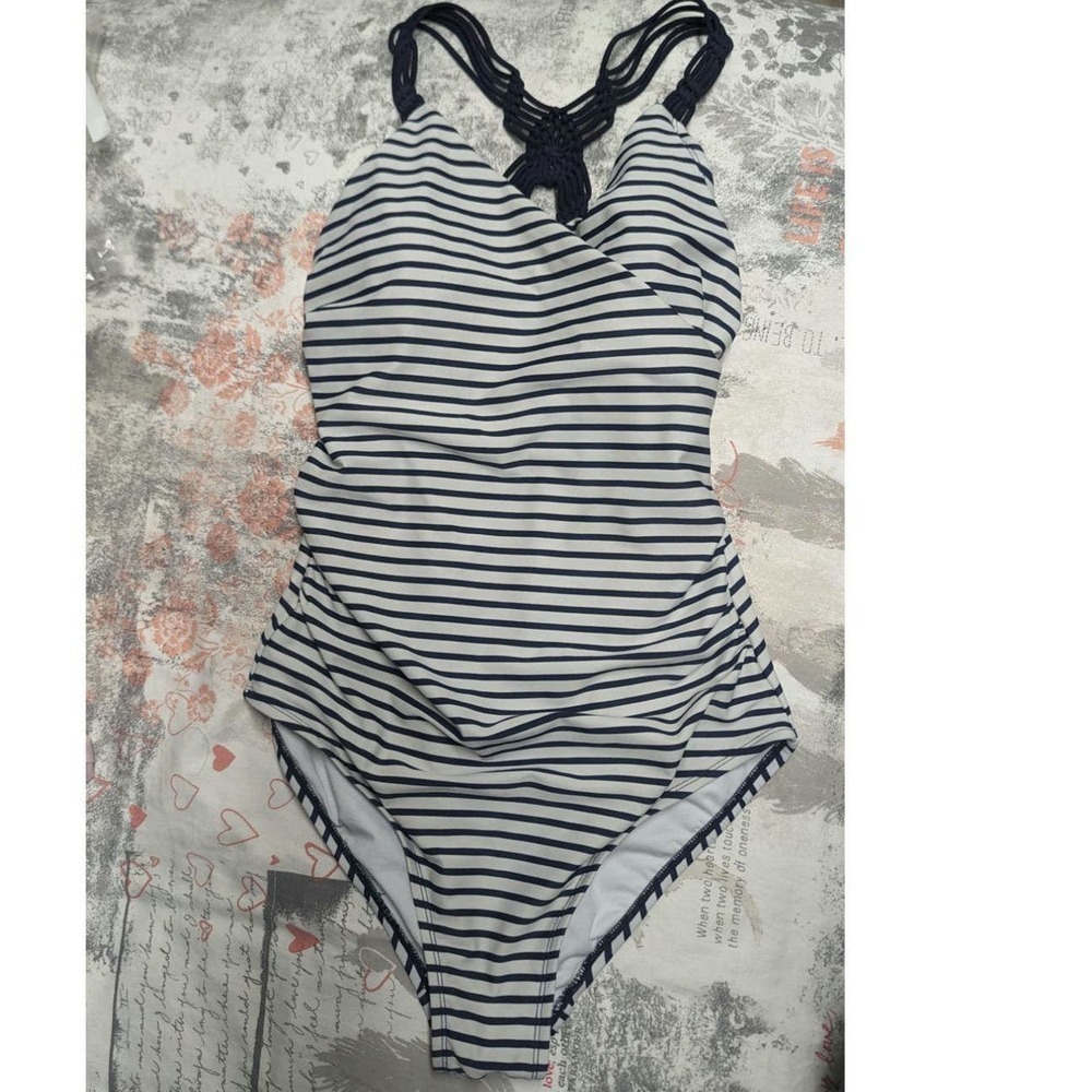 Kona Sol Blue and White Coastal Stripe Strappy Knotted One-piece Swimsuit M
